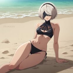 1girls ai_generated bikini black_bikini blindfold full_body nier:_automata solo spairk1313 swimsuit yorha_2b