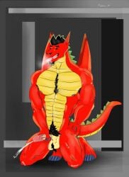 abs absurd_res american_dragon:_jake_long anthro balls beard biceps bodily_fluids cum cumshot disney dragon ejaculation erection eyebrows facial_hair genital_fluids genitals glans hi_res humanoid jake_long kneeling machki12_ka male male_only masturbation muscular muscular_male mythological_creature mythological_scalie mythology navel penile penile_masturbation penis pubes red_body scalie solo tail vein veiny_penis wings