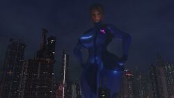 1girls ass big big_ass big_breasts blonde_hair breasts building city female focus front_view giant giantess hair huge_boobs huge_breasts laying light light-skinned long looking macro mega metroid micro on only ponytail samus_aran scrag_boy scrag_samus side skin suit thick thigh thighs zero_suit_samus