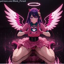 ai_generated angel angel_and_devil angel_wings artist_name bangs bare_legs black_gloves black_hair black_legwear black_skirt black_wings blank_forest blush boots bow breasts brown_legwear closed_mouth cross cross-laced_footwear demon_girl demon_tail demon_wings dress eyebrows_visible_through_hair feathered_wings female frills full_body gloves hair_ornament halo heart heart_hair_ornament heart_hands holding horns hoshino_ai jewelry kneeling lace long_hair looking_at_viewer low_wings magic_circle medium_breasts microphone oshi_no_ko panties pantyshot pink_dress pink_footwear pink_gloves pink_panties pink_skirt pink_wings puffy_short_sleeves puffy_sleeves purple_eyes purple_hair ribbon shiny shirt short_sleeves skirt sky solo spread_wings squatting starry_sky symbol-shaped_pupils tail thighs underwear white_wings wings