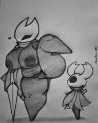 1boy 1girls abdomen big_breasts black_and_white black_body black_skin breasts brother_and_sister cape eyelashes female greyscale heart_symbol hollow_knight hornet_(hollow_knight) horns huge_breasts larger_female leg_up male monochrome nipples one_leg_up partially_clothed pencil_(artwork) protagonist_(hollow_knight) pussy rand0m_293 seductive seductive_eyes seductive_look seductive_pose siblings size_difference smaller_male sword thick_thighs vessel_(species)