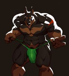 1boy 2016 abs anthro biceps big_muscles blue_eyes brown_fur bulge canine claws clothing doberman fur looking_at_viewer male male_only mammal muscular muscular_male open_mouth pecs penis penis_outline piercing pointy_ears shiny simple_background solo speedo standing swimsuit taoren teeth tongue underwear