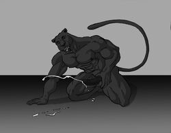 1boy 2009 abs anthro balls biceps circumcised cum feline humanoid_penis male male_only mammal masturbation monochrome muscular nipples nude panther penis simple_background solo sudonym