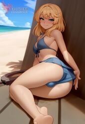 1boy 2d ai_generated ass bangs barefeet big_ass bikini blonde_hair bulge erection erection_under_clothes erophoenix feet full_body green_eyes looking_at_viewer looking_back male male_focus navel nude otoko_no_ko pale_skinned_male patreon_username penis sitting smile soles solo solo_male sweat swimsuit thick thick_thighs toes uncensored