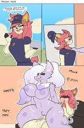 absurd_res anthro areola balls big_breasts blush bodily_fluids breasts canid canine clothed clothing comic covering covering_face cum cum_in_vagina cum_inside deer deerling delivery_(commerce) delivery_employee delivery_uniform drawing_trans duo english_text eyewear female female_penetrated flower fluffy fur generation_5_pokemon genital_fluids genitals glasses gynomorph hair hat headgear headwear hi_res hooves intersex intersex/female mammal nintendo nipples noelle_evilyn_(character) nude open_mouth penetration penile penile_penetration penis penis_in_vagina pink_body plant pokemon pokemon_(species) pussy sex shirt_grab simple_background smile spring_deerling tagme tail text trans_(lore) trans_woman_(lore) uniform vaginal_penetration vulva wearing_glasses yellow_flower zephyr_(lunarfloral) zoroark