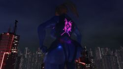 1girls ass back_view big big_ass big_breasts big_butt blonde_hair breasts building city female focus giant giantess hair huge_boobs huge_breasts laying light light-skinned long looking macro mega metroid micro on only ponytail samus_aran scrag_boy scrag_samus side skin suit thick thigh thighs zero_suit_samus