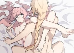 1boy aether_(genshin_impact) antlers aqua_eyes barefoot blonde_hair braid completely_nude crossed_legs feet female genshin_impact highres horns implied_sex legs_up long_hair lying nude on_back on_bed pink_hair sanzashizu single_braid yanfei_(genshin_impact)