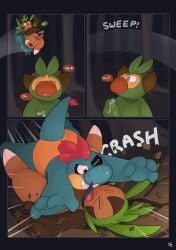 absurd_res anthro balls bodily_fluids chespin crash_landing croconaw cum cum_drip cum_on_hand dripping duo ejaculation generation_2_pokemon generation_6_pokemon generation_8_pokemon genital_fluids genitals gralicbutter grookey hi_res lying male male/male masturbation nintendo on_top_of_another penis pokemon pokemon_(species) scarf tapering_penis