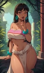 1girls ai_generated big_breasts black_hair blunt_bangs brown_eyes chel chel_(the_road_to_el_dorado) cleavage curvy curvy_female dark-skinned_female dreamworks earrings female female_only her_brother_drives_a_subaru inviting jungle open_mouth outdoors pelvic_curtain self_upload solo stable_diffusion the_road_to_el_dorado