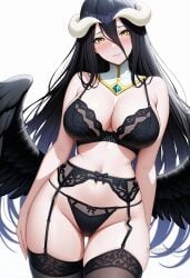ai_generated albedo_(overlord) ass_visible_through_thighs bare_shoulders black_bra black_garter_belt black_hair black_panties black_thighhighs black_wings blush bow_panties bra breasts cleavage closed_mouth demon_girl demon_horns detached_collar feathered_wings female garter_belt hair_between_eyes horns large_breasts lingerie long_hair looking_at_viewer low_wings navel overlord_(maruyama) panties shadowrealmarts simple_background skindentation smile solo stomach thigh_gap thighhighs thighs uncensored underwear underwear_only very_long_hair white_background white_horns wings yellow_eyes