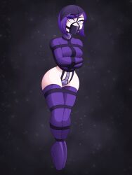 1girls ballet_boots ballet_heels bearbuckscoffee bondage bound chastity_belt chastity_device female female_chastity female_only femsub gag gagged harness_gag high_heels panel_gag purple_clothing purple_eyes purple_hair straitjacket very_high_heels