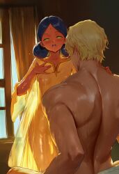 ai_generated blonde_hair char_aznable dark-skinned_female green_eyes gundam gundam_gquuuuuux indian indian_female interracial lalah_sune light-skinned_male muscular_male petite translucent_clothing white_male