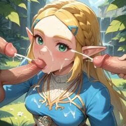 ai ai_generated blonde_hair bukkake cum cumshot elf elf_ears elf_female female female green_eyes hentai multiple_penises no_sound outdoors princess_zelda tagme video zelda_(breath_of_the_wild)