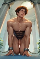 ass ass big_ass big_butt bondage boy brown_hair bubble_ass bubble_butt chained chained_up chained_wrists chains column cuffs flaccid hazel_eyes indoors kneeling leotard looking_at_viewer male open_mouth parted_lips pillar plump_ass round_ass round_butt solo tallcallipygian tcallipygian testicles thick_thighs thighs