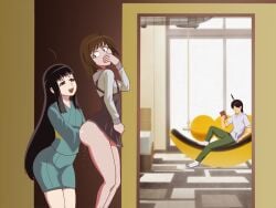 1boy 2d 2girls :3 ahoge anal anal_fisting araragi_koyomi araragi_tsukihi bakemonogatari bangs behind_wall black_hair book brown_eyes brown_hair commission deep_anal_fisting elbow_deep_anal_fisting hallway hand_on_mouth hand_on_stomach hiding holding_back_moans house kenmaruart7 kimono long_hair looking_back looking_up lube lube_in_ass medium_breasts monogatari_(series) motion_lines no_panties reading school_uniform sengoku_nadeko shoulder_length_hair sitting skirt skirt_up sleeves standing surprised tagme very_long_hair yuri
