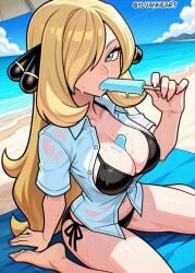 1girls ai_generated bikini black_bikini blonde_hair breasts cloud collarbone cynthia_(pokemon) day female food hair_ornament hair_over_one_eye highres holding holding_food holding_popsicle large_breasts long_hair navel nintendo ocean pokemon pokemon_dppt popsicle solo swimsuit tongue tongue_out very_long_hair ylvanne