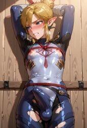 ai_generated blonde_hair blue_eyes bondage breath_of_the_wild captured captured_hero defeated defeated_hero earrings femboy hylian hylian_ears legendaer light-skinned_male link male nipples penis sheikah_clothes sheikah_link solo solo_male tears_of_the_kingdom testicles the_legend_of_zelda