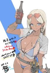 1girls artist_name artist_request bandage bandage_on_nose belt blonde_hair blue_eyes blue_swimsuit bottle bracelet bracelets breasts bucket centi_(nikke) centi_(ocean_repair)_(nikke) cleavage earrings english_text female female_focus female_only goddess_of_victory:_nikke heart-shaped_eyewear hi_res holding_bottle holding_bucket holding_glasses holding_object japanese_text long_hair looking_at_viewer necklace official_alternate_costume pov see-through_clothing shirt simple_background sunglasses sunglasses_on_head swimsuit tanline tanned_female tanned_skin thighs tool_belt