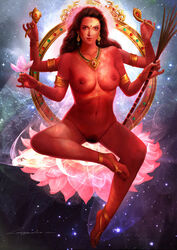 artist_name bracelet breasts earrings female goddess halo jewelry large_breasts long_hair looking_at_viewer lotus multi_arm multi_limb nude pubic_hair realistic red_skin solo space star_(sky) uncensored