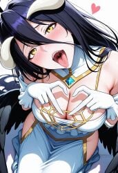 ahoge ai_generated albedo_(overlord) bare_shoulders black_hair black_wings blush breasts cleavage demon_girl demon_horns demon_wings detached_collar dress feathered_wings female from_above gloves hair_between_eyes heart heart_hands hip_vent horns large_breasts long_hair looking_at_viewer low_wings open_mouth oral_invitation overlord_(maruyama) saliva shadowrealmarts simple_background sitting slit_pupils solo teeth tongue tongue_out uncensored white_background white_dress white_gloves white_horns wings yellow_eyes