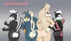 anthro archie_comics ass big_butt black_body blue_body blue_fur bubble_butt butt_focus clothing fan_character fur geoffrey_st._john gesture gloves green_kerchief group hand_gesture handwear hi_res idw_publishing kerchief looking_at_viewer male male/male mammal markings mephitid nude nude_male red_eyes rough_the_skunk sega simon_(supersonicparty18) skunk smile smiling_at_viewer sonic_(series) sonic_the_hedgehog_(archie) sonic_the_hedgehog_(comics) sonic_the_hedgehog_(idw) sonic_the_hedgehog_(series) striped_body striped_head striped_markings striped_tail stripes supersonicparty18 tail tail_markings tan_body tan_fur thick_thighs thumbs_up tumble_the_skunk white_body white_fur yellow_sclera