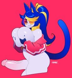 2024 5_fingers anthro balls big_breasts big_penis blonde_hair blue_fingernails blue_hair blue_nails blue_tail breasts chromapan clothed clothing colored_nails covering covering_breasts domestic_cat ear_piercing ear_ring eyewear felid feline felis fingerless_gloves fingernails fingers fur genitals glasses gloves gynomorph gynomorph_anthro hair hair_over_eye handwear hi_res intersex intersex_anthro jacket looking_at_viewer mammal multicolored_hair nails narrowed_eyes off_shoulder open_clothing open_jacket open_topwear penis piercing ponytail red_background ring_piercing round_glasses signature simple_background smile solo sunglasses tail topwear two_tone_hair vein veiny_penis vivi_(chromapan) white_body white_fur