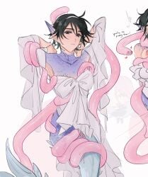 2girls alien_stage black_hair blush english_text female hairband head_fins heart mermaid mizi_(alien_stage) pearl_earrings purple_eyes purple_scales pussy scales short_hair sua_(alien_stage) tentacle the_quipper uncensored white_dress white_hairband yuri