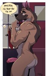 absurd_res ass biped blacksad brown_body brown_fur canid canine canis chief_smirnov domestic_dog dragondrawer erection eyebrows eyewear fur genitals german_shepherd herding_dog hi_res humanoid_genitalia humanoid_penis male mammal mostly_nude muscular muscular_male necktie necktie_only pastoral_dog penis pubes solo speech_bubble text