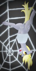 2014 amber_eyes blonde_hair bondage bound crotchboobs cutie_mark derpy_hooves dsninja equine feathered_wings feathers female feral friendship_is_magic fur grey_background grey_feathers grey_fur hair mammal my_little_pony pegasus pussy simple_background solo spider_web wings