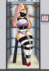 bondage bra brown_eyes bunny_ears caged chair chinese_zodiac female gag gagged gagged_female huge_ass huge_breasts muzzle_gag sonic_(series) submissive_female tied_up vanilla_the_rabbit worried worried_expression