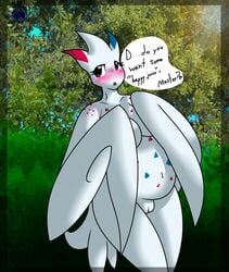 1girls 2016 anthro anthrofied blue_body blush breasts brown_eyes dialogue english_text female heart navel nintendo open_mouth pokemon pokemorph pussy red_body slightly_chubby solo speech_bubble text togekiss white_body wide_hips wings yoshimister_(artist)