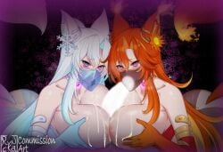 1boy 2girls @_@ ass bare_shoulders blue_gloves blue_hair breast_press breasts censored choker collarbone commission cooperative_paizuri cum cum_on_body cum_on_breasts elbow_gloves english_commentary fellatio ffm_threesome fox_girl gloves glowing glowing_heart glowing_penis group_sex hair_ornament highres huge_breasts hypnosis indie_virtual_youtuber mind_control mouth_veil multicolored_hair multiple_girls oral orange_hair orange_tail paizuri penis ryncka smug_alana snowflake_hair_ornament straight symmetrical_docking teamwork_(sexual) threesome two-tone_hair veil virtual_youtuber white_hair white_tail