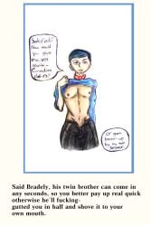 1boy asking_for_money asking_viewer black_hair black_pants bowtie bradley_depalma canadian dialogue exposed_torso kevin_spencer_(series) male male_focus monologue nipples parody pov shirt shirt_lift shirt_up sillyvixen solo solo_focus solo_male suspenders teenage_boy teenager threatening traditional_drawing_(artwork) traditional_media_(artwork) twins young younger_male