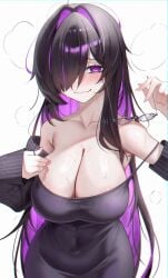 1im_illus absurdres areola_slip black_dress black_hair breasts cleavage colored_inner_hair dress female goddess_of_victory:_nikke hair_over_one_eye highres holding holding_removed_eyewear label_(nikke) large_breasts long_hair multicolored_hair nervous_smile no_bra purple_eyes purple_hair smile solo streaked_hair sweat taut_clothes taut_dress two-tone_hair unworn_eyewear very_long_hair wavy_mouth white_background