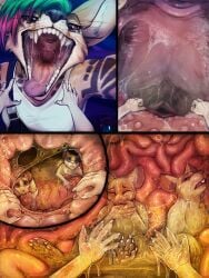3:4 acidic anthro black_markings blue_eyes bodily_fluids brown_eyes canid canine clothed clothing comic disgust fatal_vore female fur green_hair group hair hi_res imminent_death inside_stomach internal mammal markings mouse mouth_shot murid murine narrowed_eyes nude open_mouth oral_vore orange_body orange_fur pink_hair rodent saliva saliva_string size_difference stomach_acid tongue tongue_out unwilling_prey vore white_body white_fur