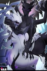 anthro ass between_breasts big_breasts big_butt black_body breasts butt_grab capcom claws construct_(mh) curvy_figure dragon duo european_mythology female female/female hand_on_butt hi_res horn licking membrane_(anatomy) membranous_wings monster_hunter mythological_creature mythological_scalie mythology nipples pussy scales scalie sex simple_background tail thick_thighs tongue tongue_out vulva western_dragon white_body wings zoh_shia zvar