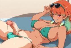1futa ai_generated arm_support beach_towel beach_umbrella bikini collarbone covered_nipples futanari gradient_hair green_bikini grin half-erect hololive hololive_english irofox large_breasts looking_at_viewer lying multicolored_hair orange_hair penis purple_eyes solo sunglasses sunglasses_on_head takanashi_kiara uncensored