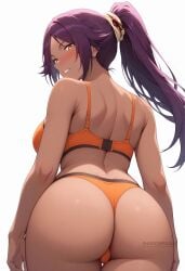ai_generated ass back bare_arms bare_shoulders blush bra breasts dark-skinned_female dark_skin female from_behind large_breasts long_hair looking_at_viewer looking_back median_furrow orange_bra orange_panties panties parted_bangs parted_lips ponytail purple_hair shadowrealmarts shihouin_yoruichi simple_background smile solo thigh_gap thighs thong uncensored underwear underwear_only white_background yellow_eyes
