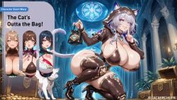 ai_generated bangs big_ass big_breasts bikini bikini_bottom bikini_top bimbo blue_eyes cat_ears cat_tail catgirl cipher_(honkai:_star_rail) gachareverse high_heels honkai:_star_rail hood_up hoodie huge_breasts lingsha_(honkai:_star_rail) qingque_(honkai:_star_rail) shushing thief thighhighs twintails white_hair xueyi_(honkai:_star_rail)