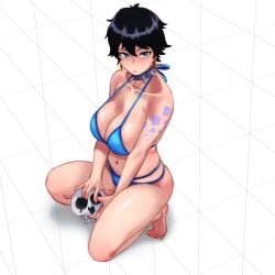 1girls 2025 arm_tattoo ass belly_button big_breasts bikini black_hair blue_bikini blue_clothing blue_eyes breast_squeeze breasts busty cleavage clothed clothed_female clothing collar doll_(one_piece) earrings feet female front_view futz_11 hair hands_between_legs hi_res holding_object holding_skull hoop_earrings human kneeling large_breasts light-skinned_female light_skin looking_at_viewer navel one_piece short_hair simple_background skindentation skull solo spiked_collar stomach tattoo thighs toes