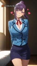 ai_art ai_generated arms_behind_back asymmetrical_bangssung_jin-ah bed blue_jacket blush breasts cleavage collared_shirt female grin heart indoors jacket large_breasts long_hair long_sleeves looking_at_viewer meitabuu miniskirt neck_ribbon pencil_skirt ponytail purple_eyes purple_hair purple_skirt red_ribbon ribbon school_uniform shirt skirt smile solo solo_leveling sung_jin-ah teeth thighs white_shirt window