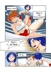2girls abdomen anime anime_style ass barefoot belly belly_bulge belly_punch blue_eyes blue_hair bra color colored doujinshi feet female female_focus female_only half-dressed half_naked kick kicking long_hair medium_breasts open_mouth orange_eyes orange_hair panties ryona saliva saliva_drip saliva_string saliva_trail short_hair soles thick_thighs thighhighs tied_hair underwear white_skin