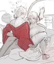 2boys anal anal_sex ankle_cuffs anklets blush canon_genderswap cowgirl_position english_text facial_scar gay genderswap_(ftm) gintama gintoki_sakata implied_anal implied_sex khanoon_k_myst kimono kiseru male male_only no_visible_genitalia on_bed partially_colored rule_63 scars scars_all_over sketch smile smoking straddling sweat tsukuo tsukuyo yaoi