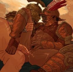 1boy 1girls applesauce_jack armour centurion_(for_honor) collar cum_in_pussy dark_skin for_honor gladiator_(for_honor) helmets mask muscular outdoors pierced_nipples pubic_hair sandals scars sex