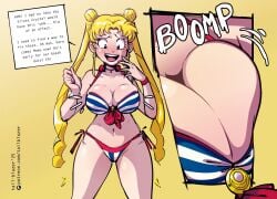 1girls alternate_breast_size alternate_version_available big_breasts bikini bishoujo_senshi_sailor_moon blonde_hair blue_eyes blush breast_expansion clenched_hand earrings embarrassed english_text enormous_breasts female female_focus female_only gold_(metal) gold_jewelry huge_breasts light-skinned_female light_skin open_mouth painted_nails sailor_moon solo solo_female solo_focus surprised surprised_expression sweat sweatdrop tail-blazer text thick_thighs top_heavy twintails usagi_tsukino venus_body voluptuous voluptuous_female wide_hips wobbling_breasts