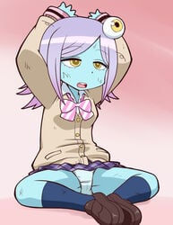 3_eyes alien bow cameltoe cardigan female green_skin kneehighs loafers midori_(space_patrol_luluco) multi_eye open_mouth panties pleated_skirt purple_hair school_uniform shiny shiny_hair shoes skirt space_patrol_luluco spread_legs underwear yellow_eyes