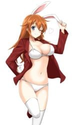 animal_ears bikini blue_eyes blush bomb_(wooooof) breasts bunny_ears bunny_tail charlotte_e_yeager clothing female heart large_breasts long_hair looking_at_viewer navel one_eye_closed open_clothes open_shirt orange_hair shirt smile solo stockings strike_witches swimsuit tail thighhighs