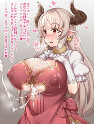 alicia_(granblue_fantasy) breasts center_opening covered_nipples cross cross_earrings dress earrings ejaculation_between_breasts female futoshi_(suraimu) gloves granblue_fantasy horns huge_breasts jewelry long_hair paizuri pointy_ears silver_hair white_gloves