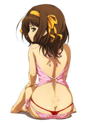 annoyed ass ass_cleavage back back_dimples bikini brown_eyes brown_hair butt_crack butt_dimples dimples_of_venus female hair_ribbon hairu looking_at_viewer looking_back panties pout red_panties ribbon short_hair side-tie_bikini simple_background solo suzumiya_haruhi suzumiya_haruhi_no_yuuutsu swimsuit thong thong_straps thongstraps underwear whale_tail