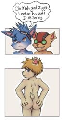 annoyed anthro backsack balls blush color comic dialogue english_text eyewear goggles goggles_on_forehead grin group holding_ass kennen league_of_legends looking_at_viewer looking_back male mammal nude riot_games rumble_(lol) speech_bubble stare text video_games yaoi yordle zaxstar ziggs